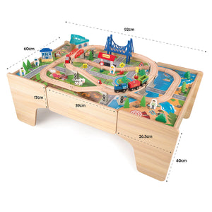 Child-sized train table for imaginative play.
