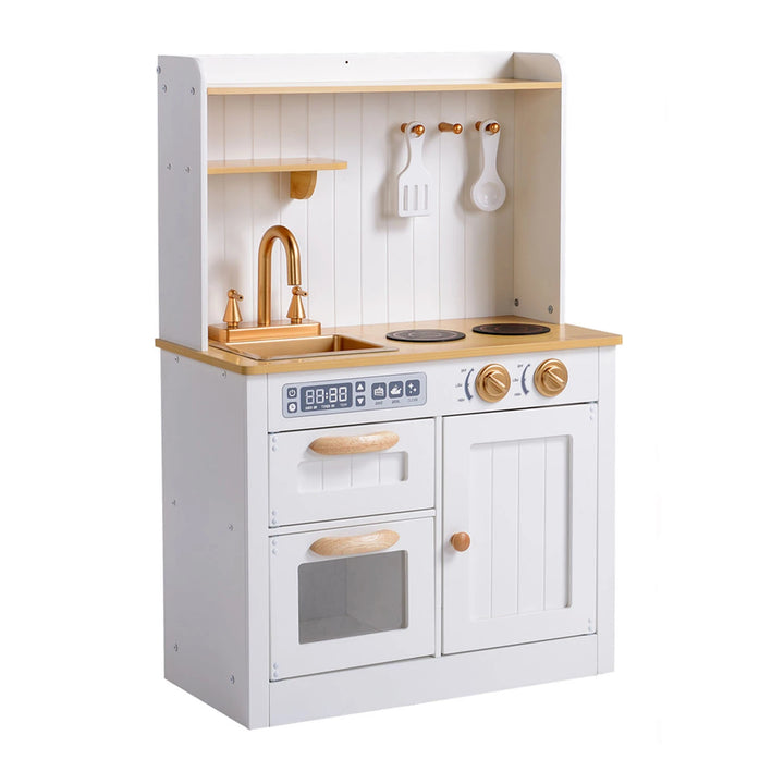  A white wooden play kitchen with a stove