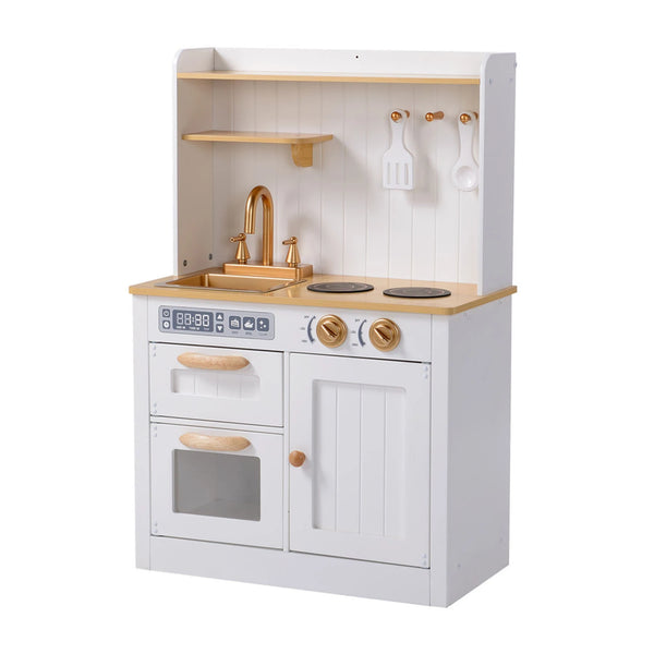 A charming vintage-style toy kitchen with a white and gold color scheme. Includes a sink, oven, storage cupboards, and realistic knobs.