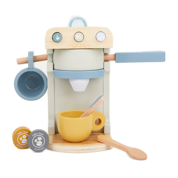 Wooden coffee machine set with accessories, ready for play on a kitchen counter.