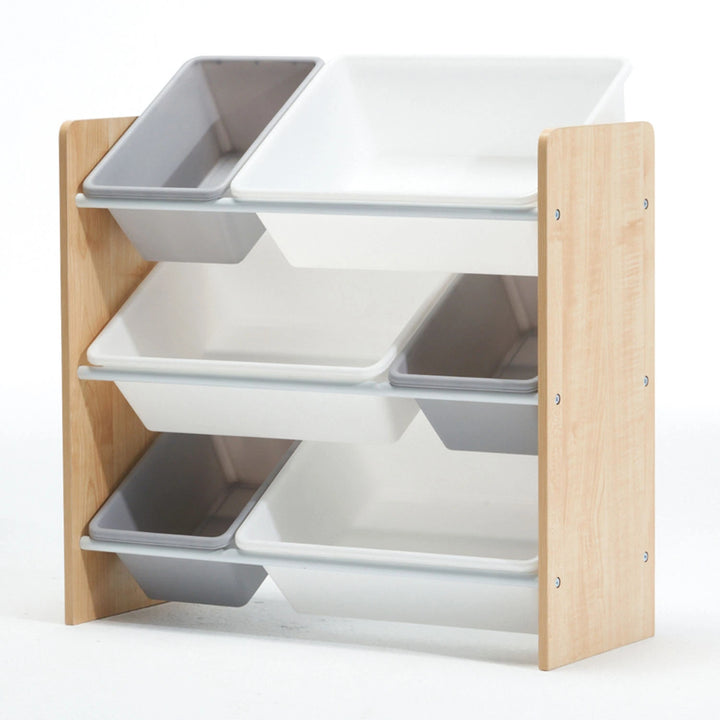 Kids toy storage unit featuring removable bins for easy cleanup and organization.