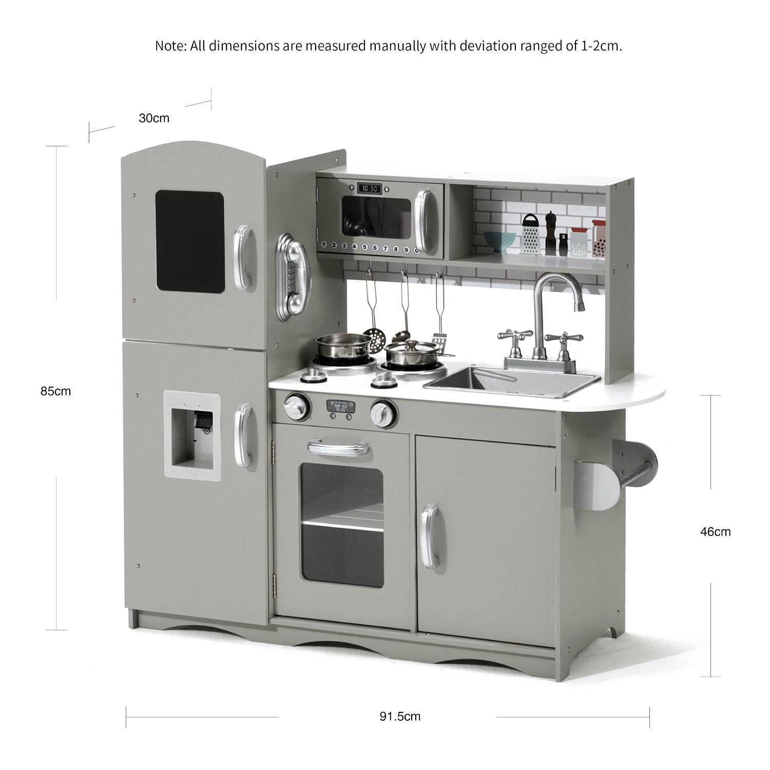 Children's grey kitchen set with measurements on a white background