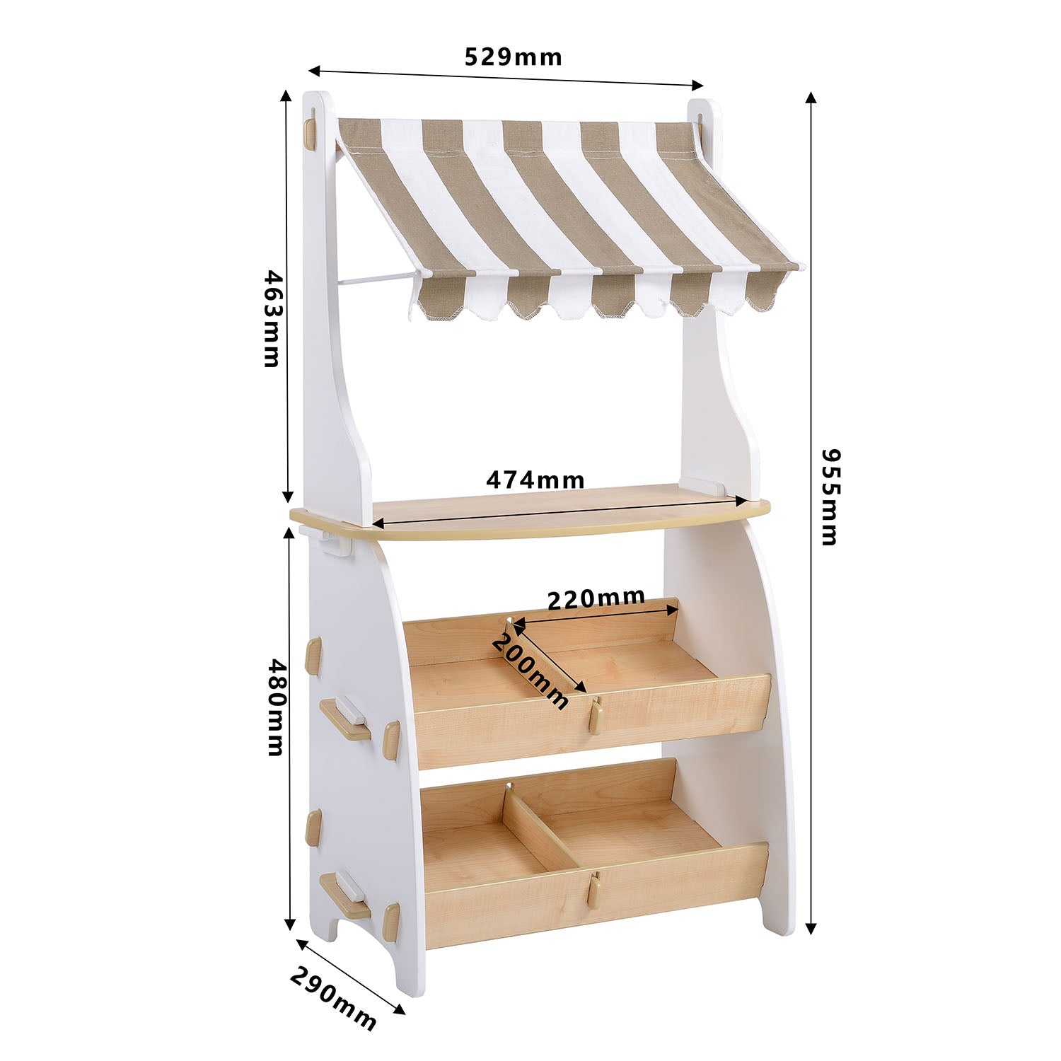 Wooden play shop with striped canopy and dimensions labeled
