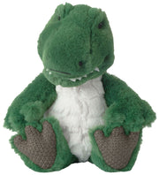 Green plush toy resembling a dinosaur on a white background