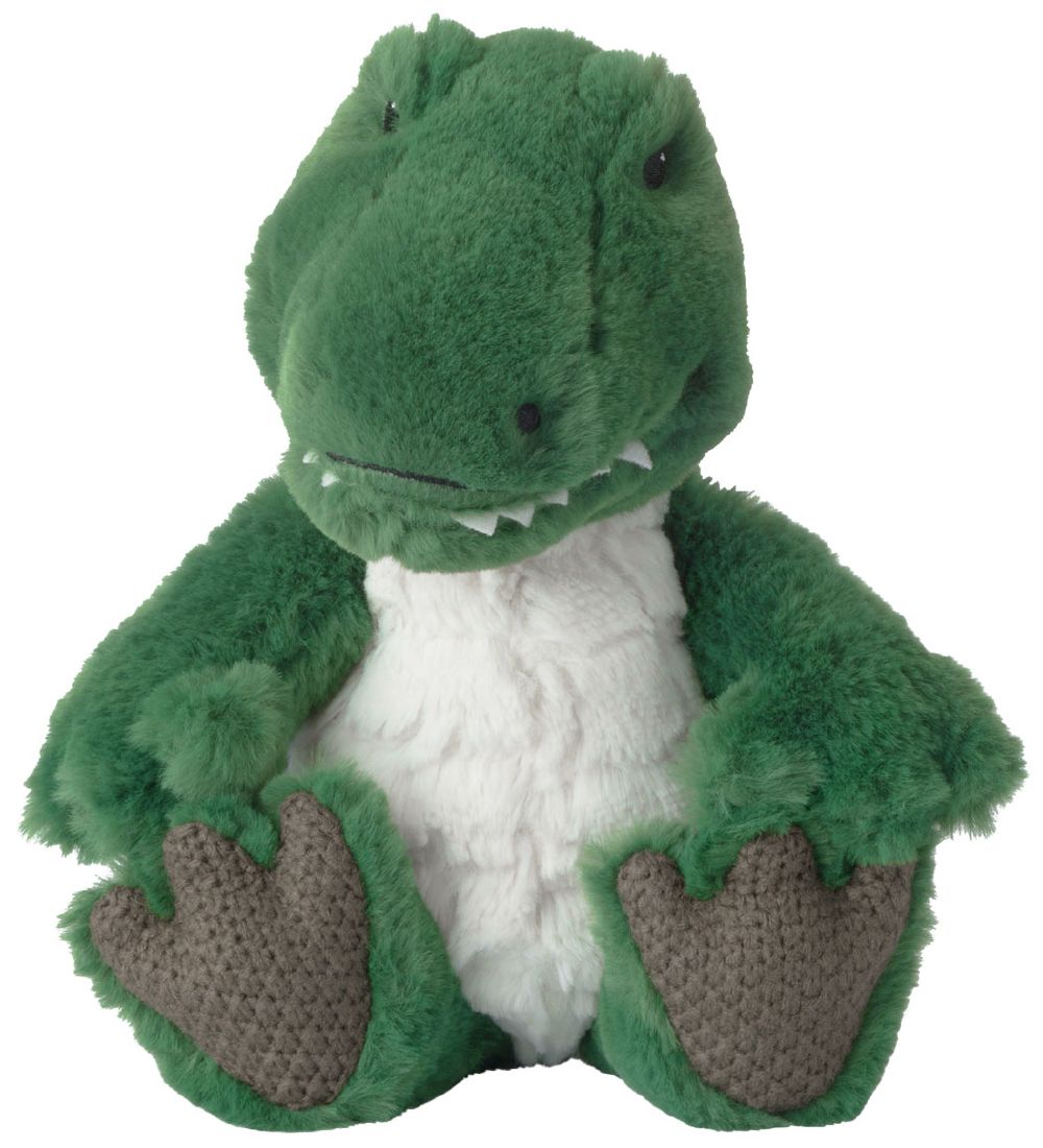 Green plush toy resembling a dinosaur on a white background