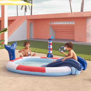 Close-up of the whaletail squirting water - Highlighting the playful feature that connects to a garden hose for added excitement.