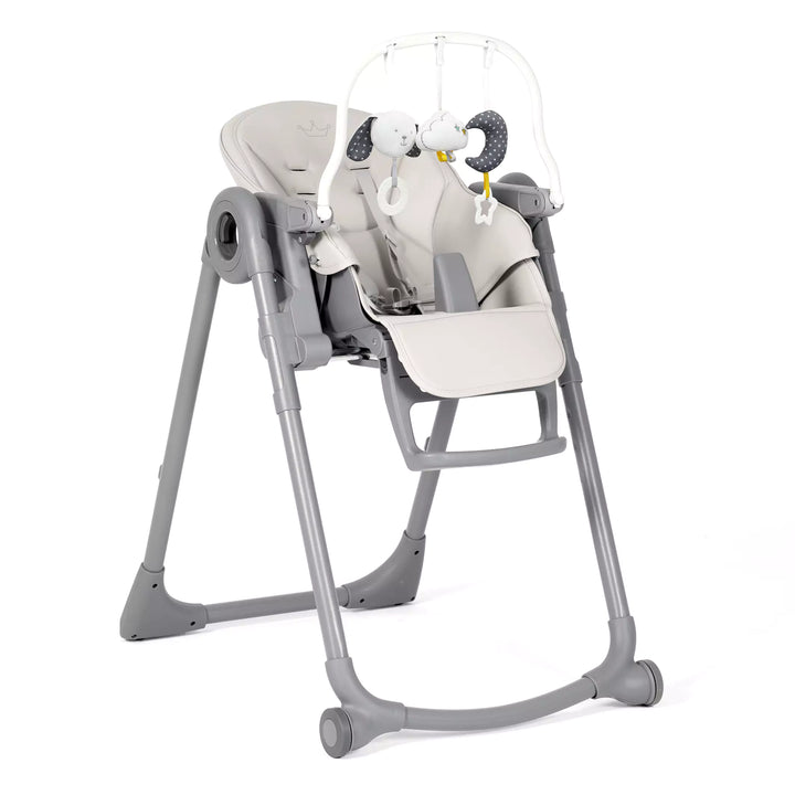 Mobile highchair design with two front wheels for room-to-room movement.