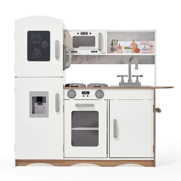 White wooden toy kitchen with stove, microwave, fridge, phone, chalkboard, and sink