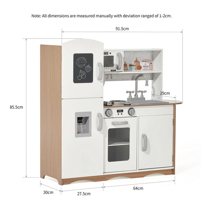 Dimensions white wooden toy kitchen: 91.6x29.8x85cm