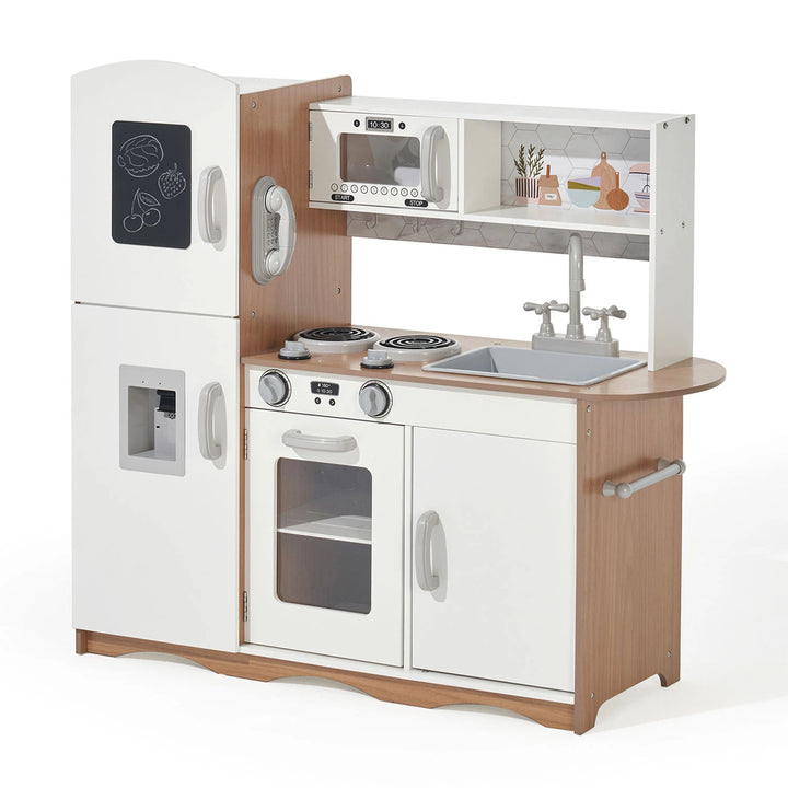 Toy kitchen stovetop with double hobs, clickable knobs, and a rail above for hanging utensils.