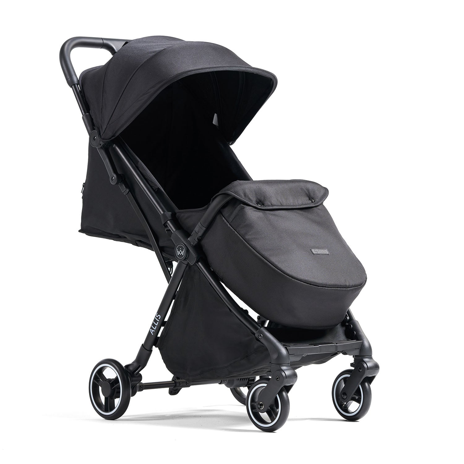 Black flick stroller on a white background