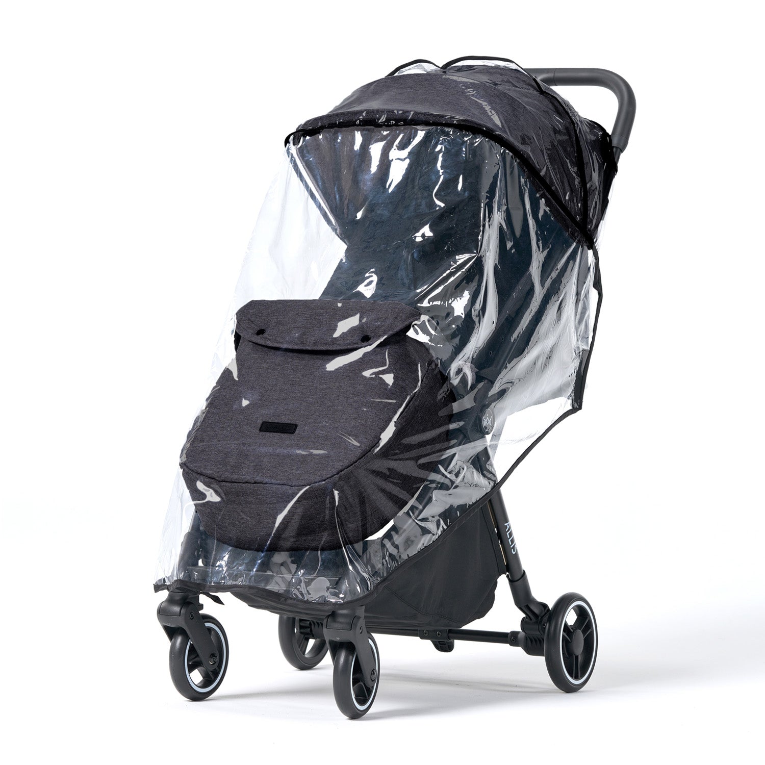 Black flick stroller with a clear rain cover and footmuff on a white background