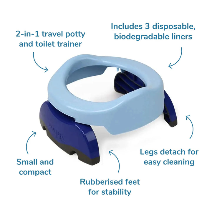 Close-up of Potette Plus potty seat, showing comfortable shape and rubberized feet for stability.