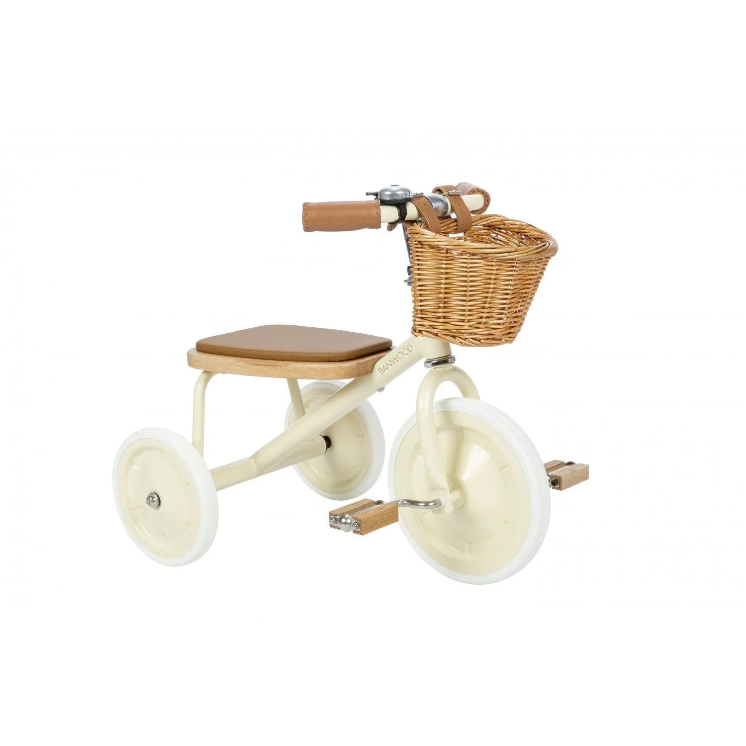 Children's tricycle with a wicker basket on a white background