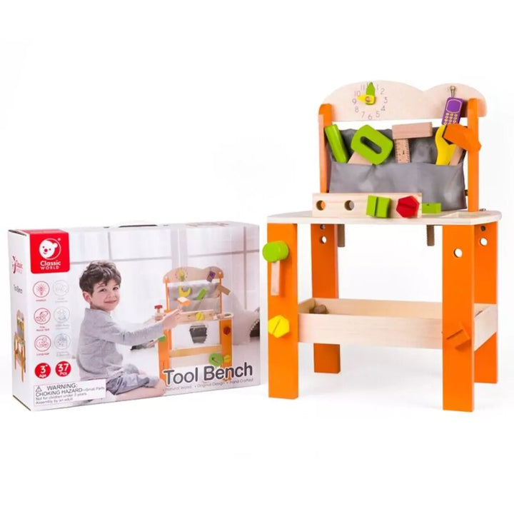 Wooden tool bench with scattered tools set in a colorful playroom.