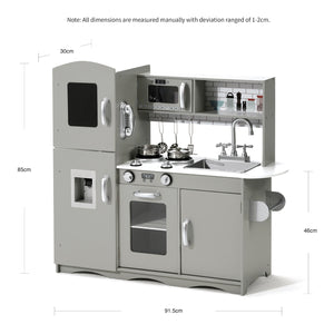 Children's grey kitchen set with measurements on a white background