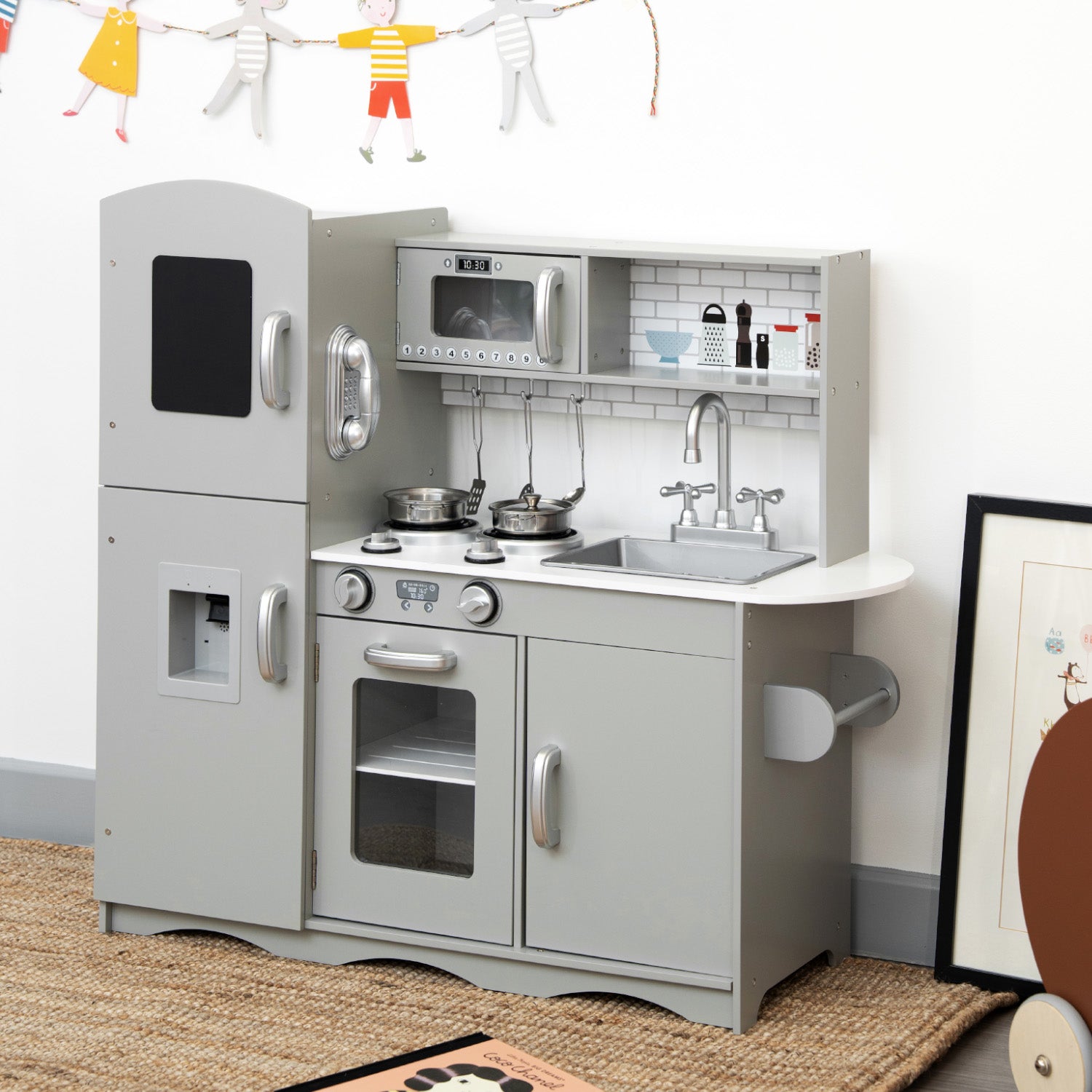 Deluxe Grey Wooden Toy Kitchen Set with Utensils Grey