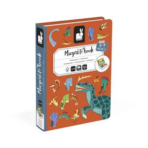 A box of Janod Magneti'book Dinosaurs with various colorful dinosaur magnets and challenge cards visible on the cover.