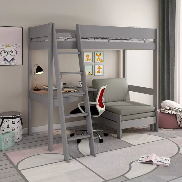 Estella Grey High Sleeper Bed with Desk, Sofa, and Storage—a - Space-saving solution for teens and kids.