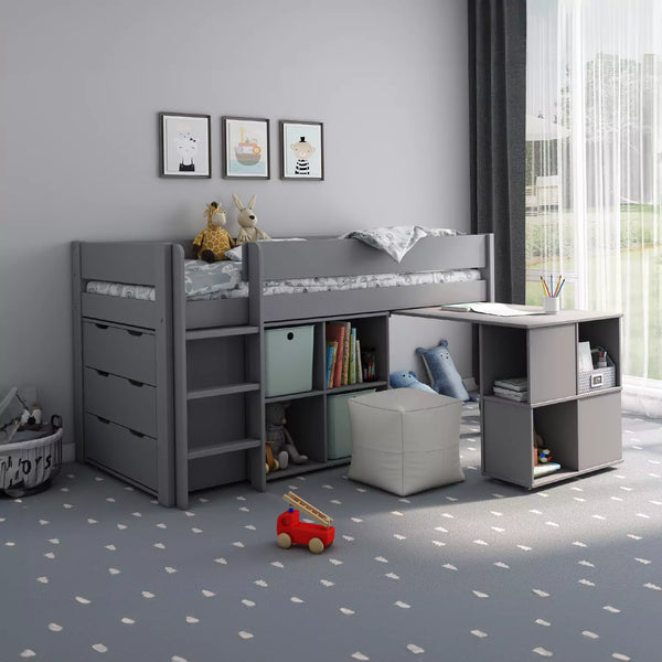 Space-saving grey mid-sleeper bed with pull-out desk and storage drawers for a child's bedroom