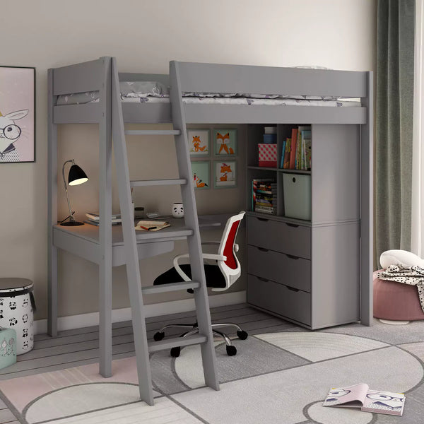 Kids Avenue Estella High Sleeper 3 Bed - Grey with Built-in Desk