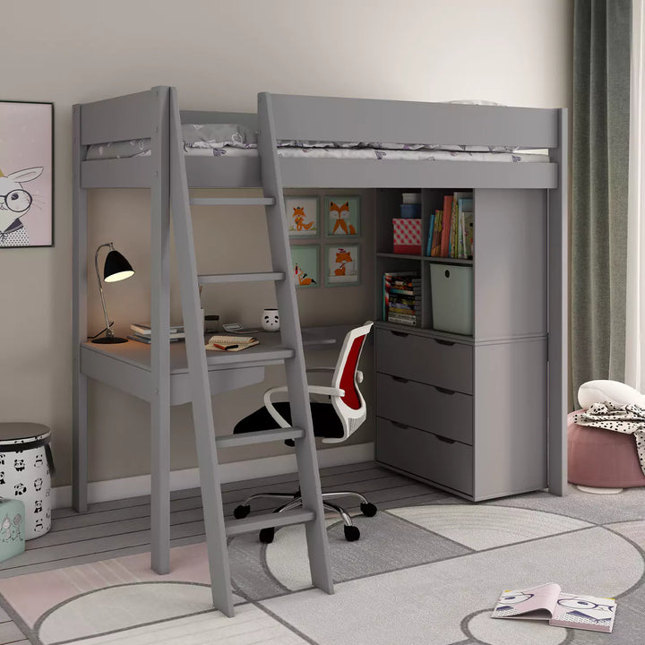 Kids Avenue Estella High Sleeper 3 Bed - Grey with Built-in Desk