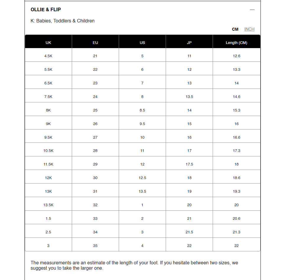 Measurement chart for children's shoes by Ollie & Flip with size conversions.