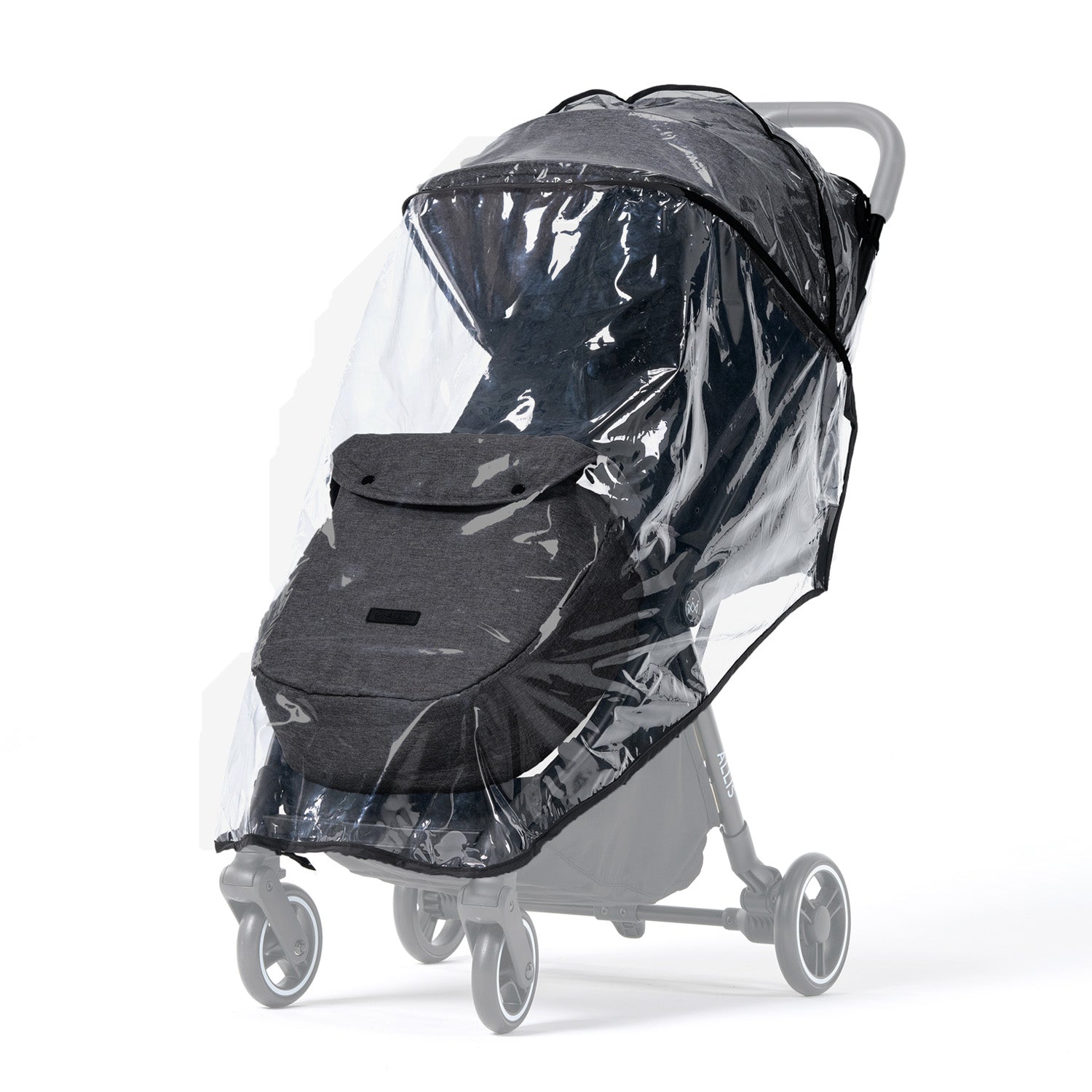 Flick stroller with black footmuff and clear rain cover on a white background