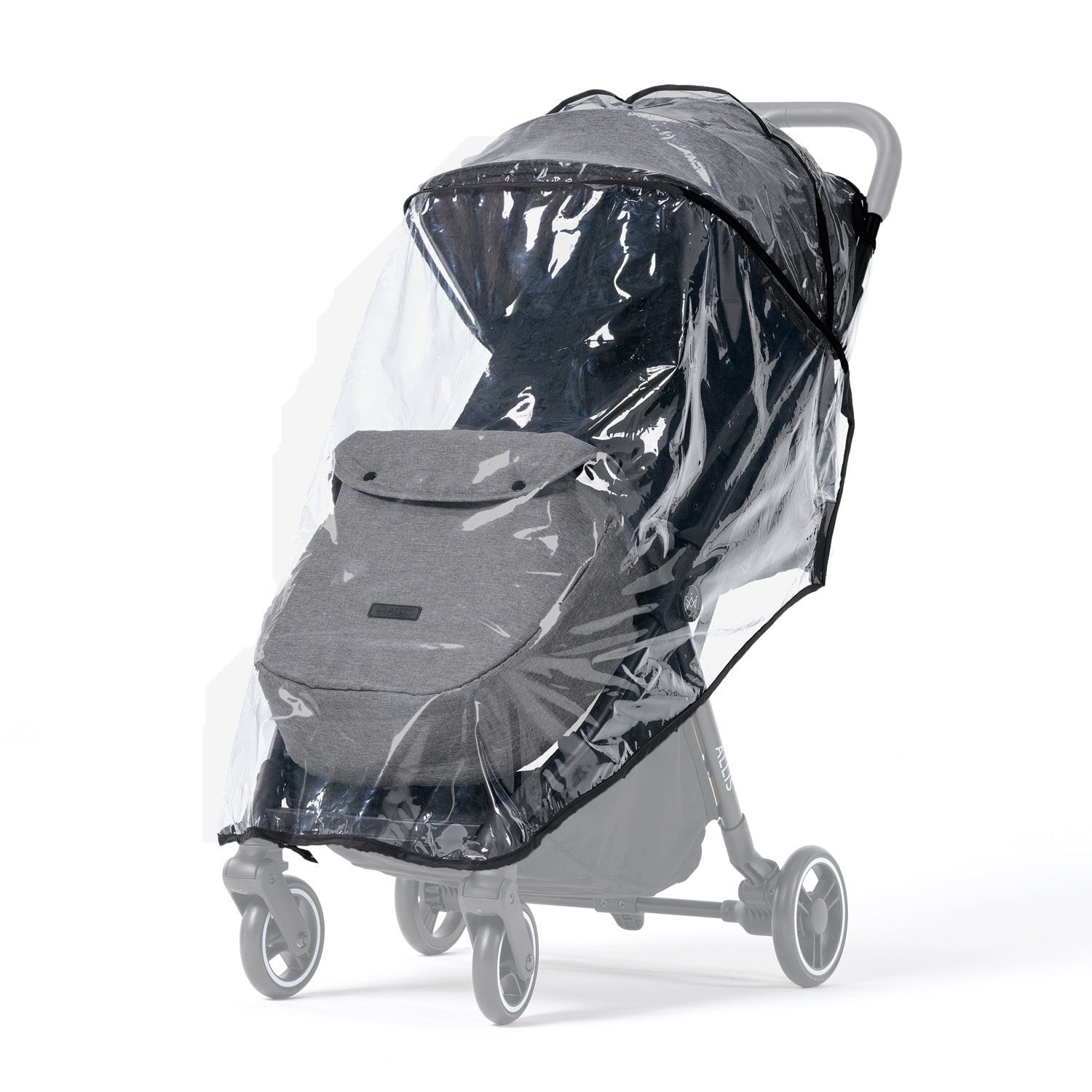 Gray footmuf with a clear rain cover on a flick stroller