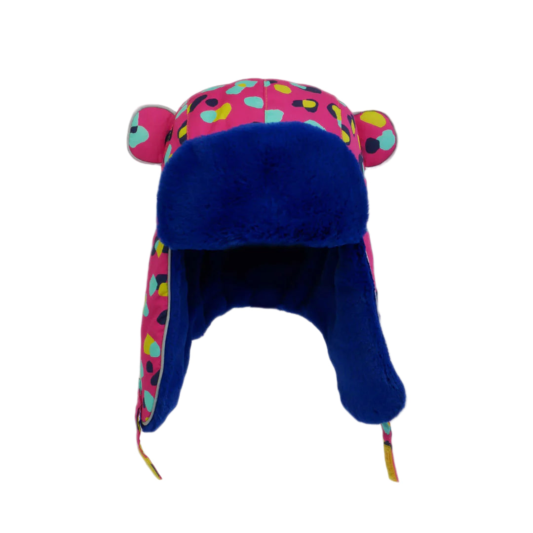 Blue winter hat with colorful bear ears on a white background