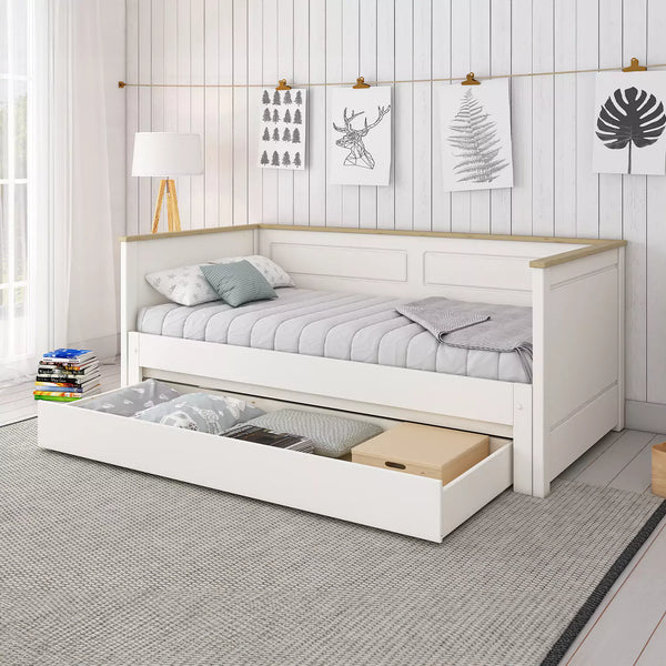 Kids Avenue Heritage Extending Day Bed in White and Oak with Underbed Drawer