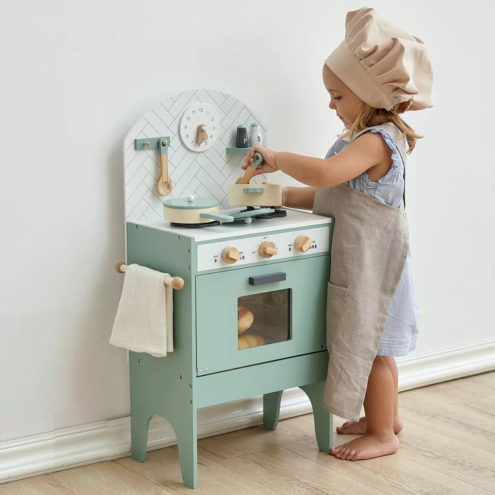 Kids Playing with Mint Wooden Toy Kitchen