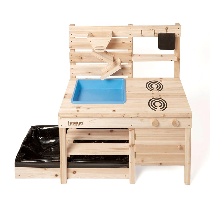 The Hooga Wooden Mud Kitchen comes with a durable sink, sandpit, and blackboard. 
