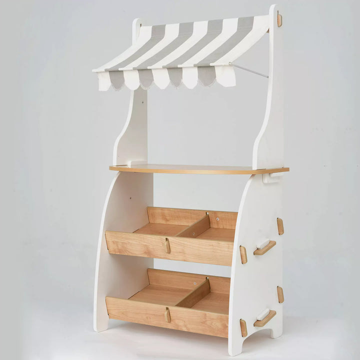  Product image of Hooga Wooden Role Play Shop  A charming Toy Supermarket stand with a sturdy striped awning and multiple drawers, displayed against a plain white background. 