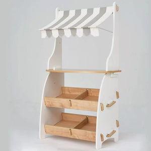  Product image of Hooga Wooden Role Play Shop  A charming Toy Supermarket stand with a sturdy striped awning and multiple drawers, displayed against a plain white background. 