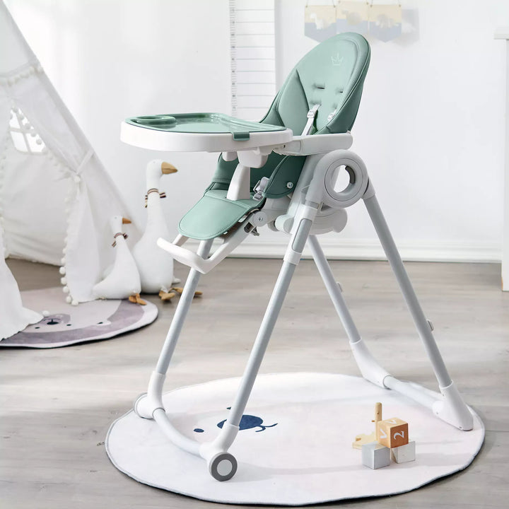 Full view of the adjustable height settings on the Allis Baby Jade Green High Chair.