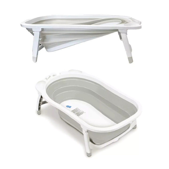 Side-by-side comparison of a grey Karibu foldable baby bath tub,