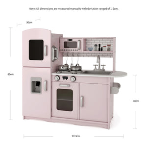 Kidoz Deluxe pink wooden play kitchen showing height, width and depth measurements