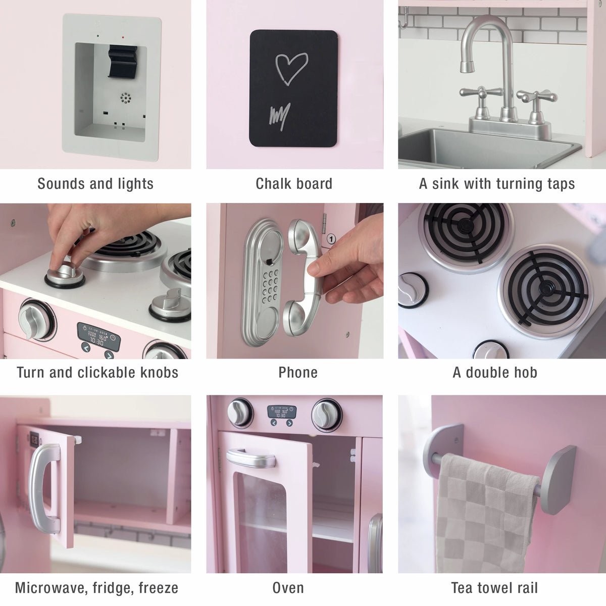 Close-up of Kidoz Deluxe pink wooden play kitchen features