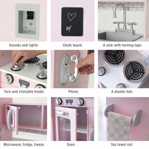 Close-up of Kidoz Deluxe pink wooden play kitchen features