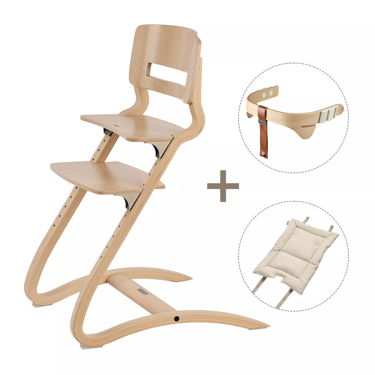 Louie highchair with safety bar and cushion bundle for children.