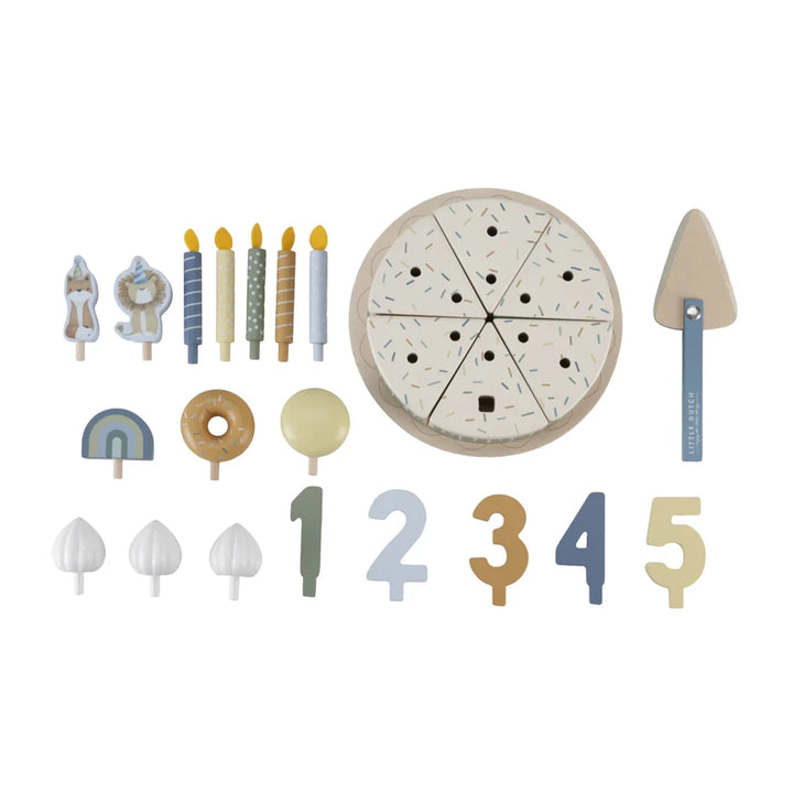 Imaginative birthday cake set featuring 26 pieces for hours of pretend play and storytelling.