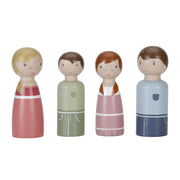 A set of four wooden peg dolls representing a family: two adults and two children, in various colors and with simple, charming designs.