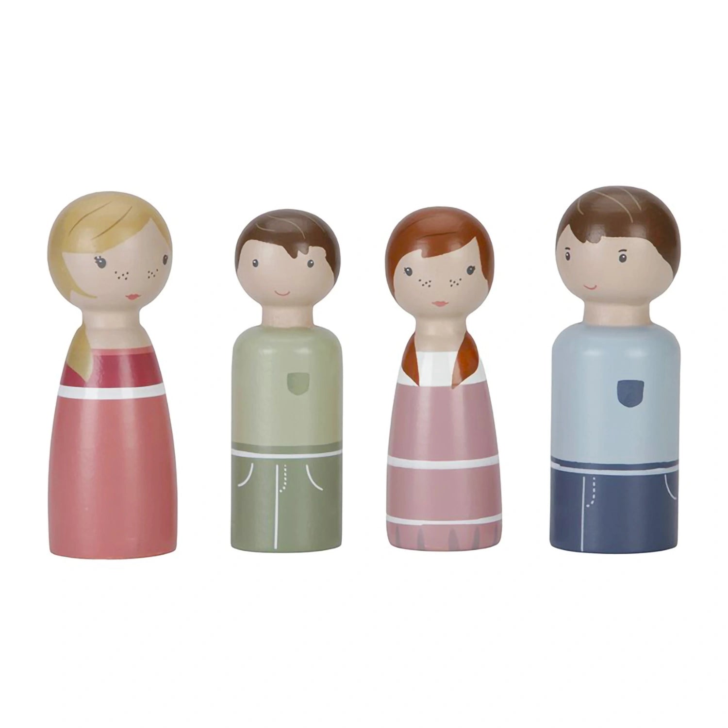 A set of four wooden peg dolls representing a family: two adults and two children, in various colors and with simple, charming designs.