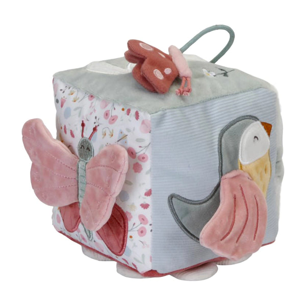 This Little Dutch Activity Cube has flowers and butterflies with vibrant colours, textures, and shapes for sensory stimulation.