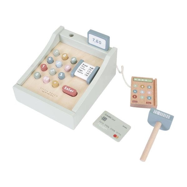 This wooden cash register's complete set includes play coins, banknotes, and a pin terminal for realistic transactions.