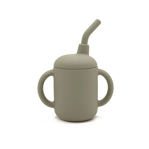 Front view of silicone toddler cup with dual handles and straw.