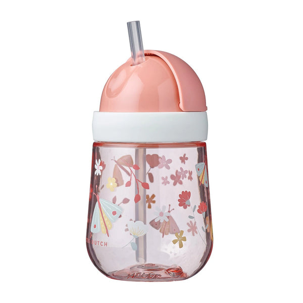 Flower and butterfly designs on a pink Mepal Mio straw cup