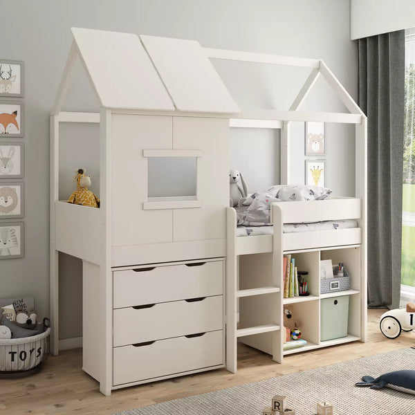 White-coloured Kids Avenue Midi Playhouse Mid Sleeper Bed with a house design, window, ladder, drawers, and cube storage unit underneath.