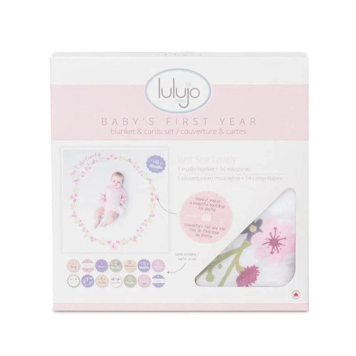 Lulujo Milestone Blanket and Cards Set packaged for gifting